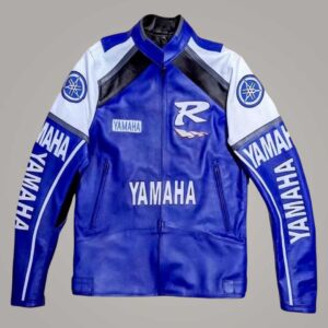 Men's Yamaha Blue Leather Motorcycle Racing Jacket with Protective Armor
