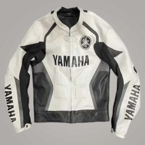 Men's Yamaha White and Black Leather Motorcycle Jacket with Protective Padding