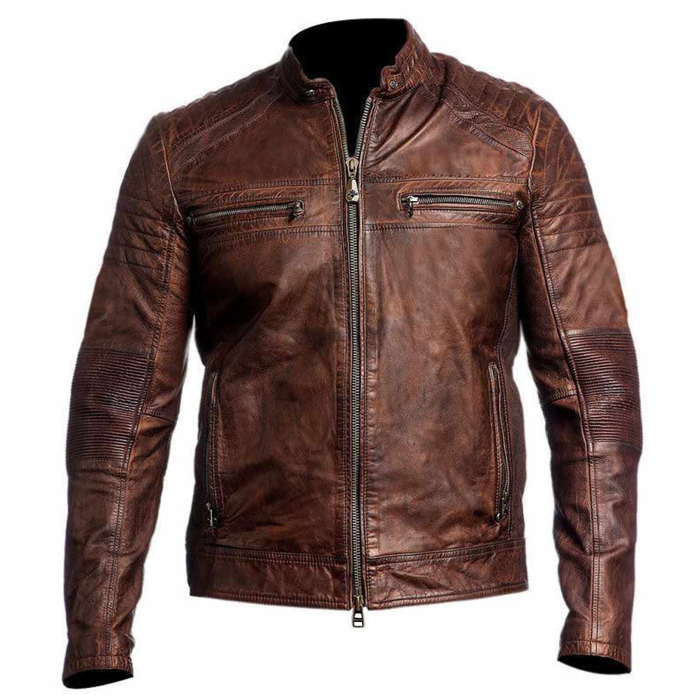Men?s Slim Fit Vintage Waxed Leather Motorcycle Jacket