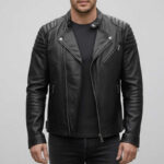 Men's Black Leather Biker Jacket with Asymmetrical Zip