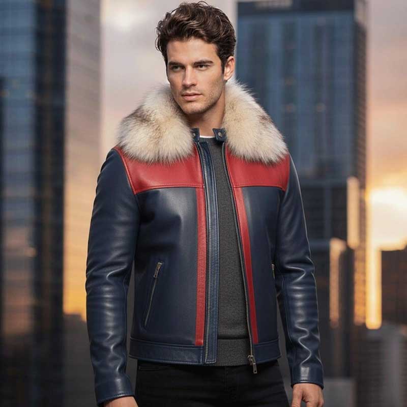 Men_sblueshearlinglinedleatherjacketwithluxuriousbluefoxfurcollarandadjustablewaist Men's Blue Shearling Lined Leather Jacket with Fox Fur Collar - Image 1