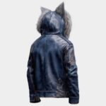 Men's Blue Wolf Ear Leather Jacket with Fur Hood - Image 2