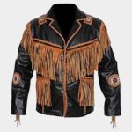 Men's Cowboy Cowhide Leather Jacket with Fringe and Beads