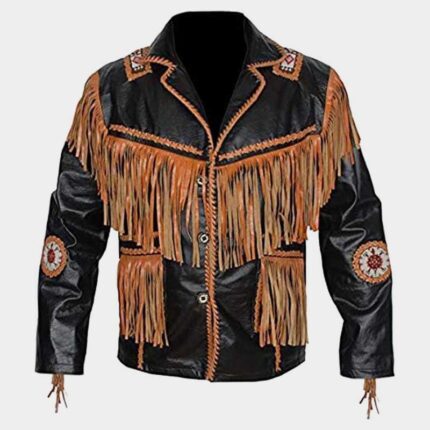Men's Cowboy Cowhide Leather Jacket with Fringe and Beads