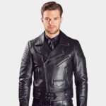Men's Cowhide Leather Biker Jacket with Quilted Design