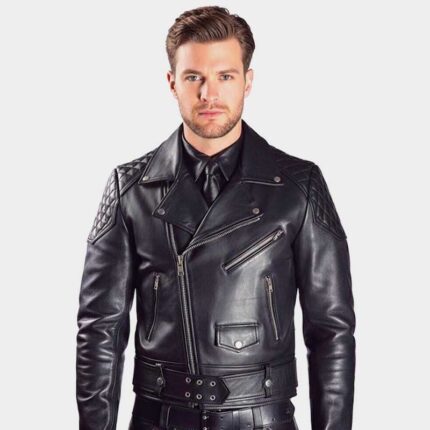 Men's Cowhide Leather Biker Jacket with Quilted Design