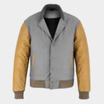 Men's Gray Wool Jacket with Gold Leather Sleeves Handcrafted Designer Style - Image 2