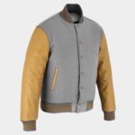 Men's Gray Wool Jacket with Gold Leather Sleeves Handcrafted Designer Style - Image 5