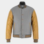Men's Gray Wool Jacket with Gold Leather Sleeves Handcrafted Designer Style