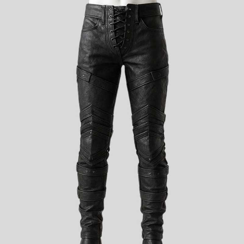 Men_shandmadeblackleatherwarriorpantswithcrisscrosslace-upfrontandgothicdesign Men's Handmade Black Leather Warrior Pants - Image 1