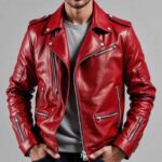 Men's Red Lambskin Leather Biker Jacket - Image 3