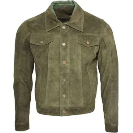 Men's Army Green Suede Trucker Jacket - Real Leather