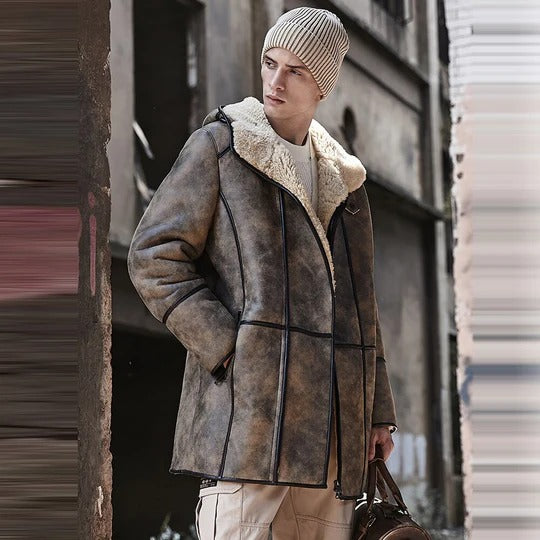 Mens-B7-RAF-Hooded-Sheepskin-Fur-Shearling-Coat-Aviator-Flight-Jacket Men's B7 RAF Hooded Sheepskin Fur Shearling Coat Aviator Flight Jacket - Image 1