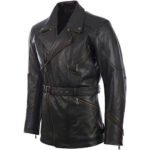 Men's Black Leather Belted Motorcycle Coat - Image 2