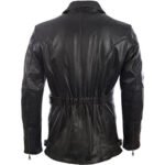 Men's Black Leather Belted Motorcycle Coat - Image 3