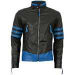 Men's Black Leather Motorcycle Racing Jacket with Blue Stripes