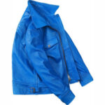 Mens Blue Trucker Style Motorcycle Cafe Racer Jacket - Image 2