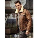 Men's Brown RAF B3 Trucker Shearling Leather Jacket - Image 2