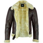 Men's Brown Shearling Leather Aviator Jacket - Image 3