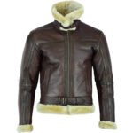 Men's Brown Shearling Leather Aviator Jacket - Image 4