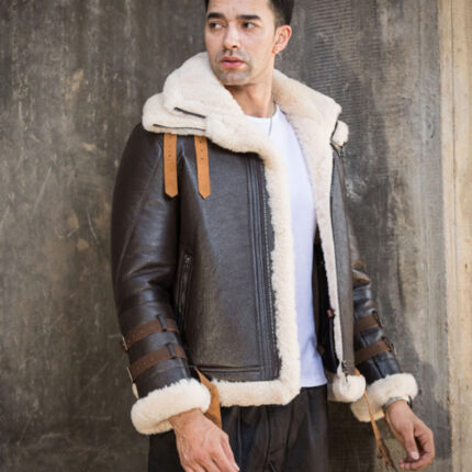 Men's Dark Brown Leather Sheepskin Shearling Coat Aviator Jacket
