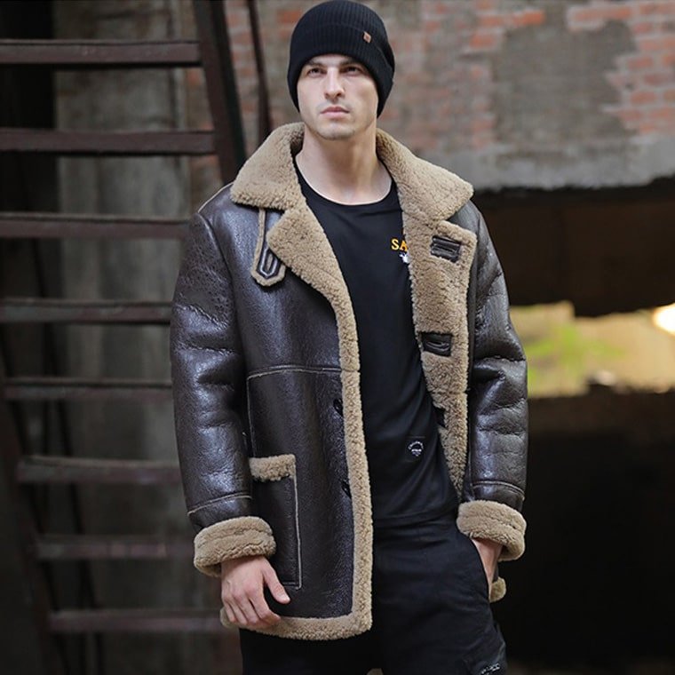 Mens-Dark-Brown-Sheepskin-Fur-Shearling-Leather-Coat-min Men's Dark Brown Sheepskin Fur Shearling Leather Coat - Image 1