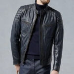 Men's Deep Navy Leather Moto Jacket - Image 2