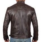 Men's Distressed Dark Brown Cafe Racer Leather Jacket with Stand Collar - Image 2