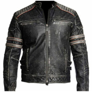 Men's Distressed Dark Grey Cafe Racer Jacket with Stripes