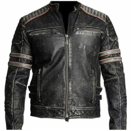 Men's Distressed Dark Grey Cafe Racer Jacket with Stripes
