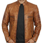 Men's Distressed Tan Brown Cafe Racer Jacket with Stand Collar