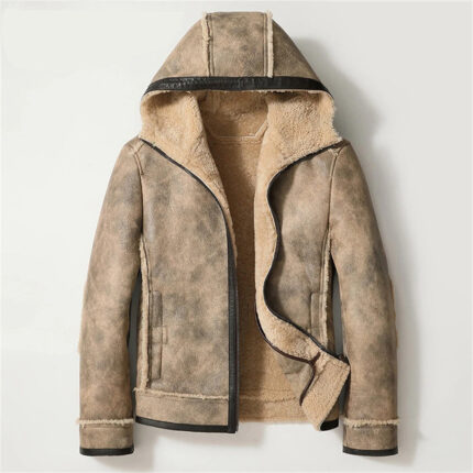 Men's Hooded Casual Sheepskin Shearling Fur Jacket
