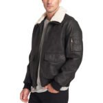 Men's Leather Sherpa Collar Aviator Bomber Jacket - Image 2