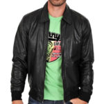 Men's Lightweight Black Leather Bomber Jacket with Zipper - Image 3