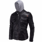 Men's Motorcycle Brando Style Biker Leather Jacket with Hood - Image 4