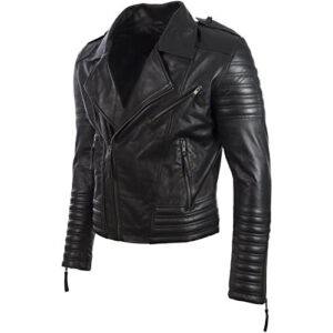 Men?s Real Leather Asymmetric Zip Fashion Biker Jacket