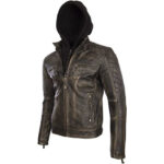 Men's Real Leather Vintage Biker Jacket with Removable Hood - Image 2