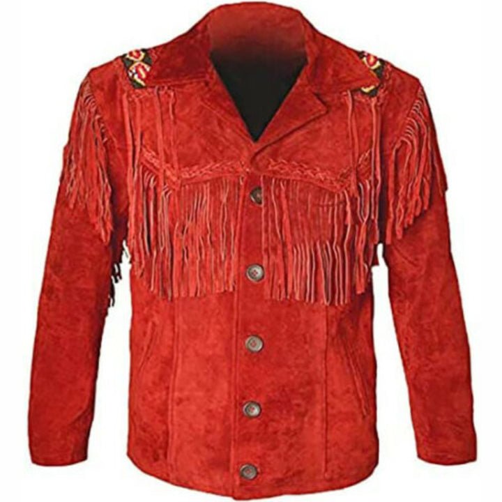Mens-Red-Leather-Cowboy-Jacket-with-Cropped-Fringe Men's Red Leather Cowboy Jacket with Cropped Fringe - Image 1