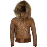 Men's Tan Brown Leather Biker Jacket with Removable Hood