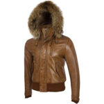 Men's Tan Brown Leather Biker Jacket with Removable Hood - Image 2