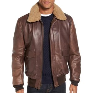 Mens Vintage Leather Bomber Jacket with Shearling Collar