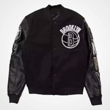 Men’s Black Brooklyn Nets Varsity Bomber Jacket with Leather Sleeves