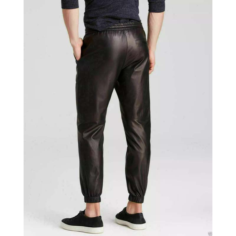 MensBlackGenuineLambskinLeatherJoggerPantsback Mens Black Genuine Lambskin Leather Jogger Pants - Image 1