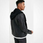 Men's Black Lambskin Leather Jacket with Hood - Image 2
