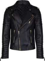 Men’s Black Leather Cafe Racer Quilted Biker Jacket - Image 2
