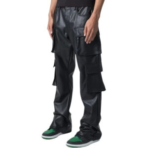 Men?s Black Leather Cargo Trousers with Four Flap Pockets