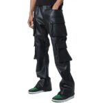 Men’s Black Leather Cargo Trousers with Four Flap Pockets - Image 3