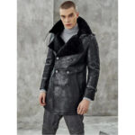 Men's Black Shearling Long Trench Coat - Image 3