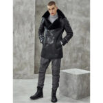 Men's Black Shearling Long Trench Coat - Image 4
