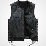 Men's Black Sheepskin Leather Biker Vest - Image 3